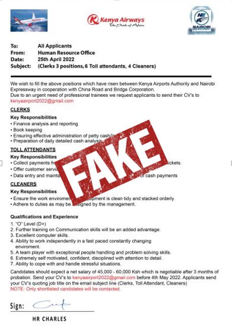It has come to our attention that there is a FAKE advertisement associating Kenya Airways with supposed job opportunities offered by various organisations. Please note that all KQ vacancies are posted on our official LinkedIn channel. DO NOT BE CONNED!