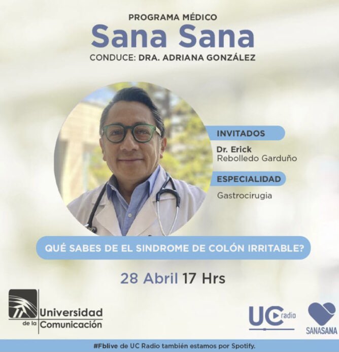¡No te pierdas a la <a href="/AdryDra/">Dra. Adry UC.</a> en #SanaSana! Hoy como invitado nos acompaña: 
🔥Erik Rebodello Garduño - Gastrocirugia

Para hablarnos de: 
""Sindrome de colón irritable""

▶️ Ponle play 
📌 5 pm
📍 Facebook.com/ucradiomx
🗓️ Viernes 29.04.22