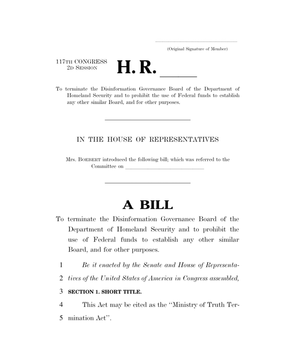 bennyjohnson's tweet photo. 🚨 OFFICIAL: 'The Ministry of Truth Termination Act' just dropped

Written by @RepBoebert

Terminates all Department of Homeland Security funding for Disinformation Governance Board and prohibits all funding of any free speech restriction entity in future.

GOP must support this: https://t.co/qPDaC0FVM7