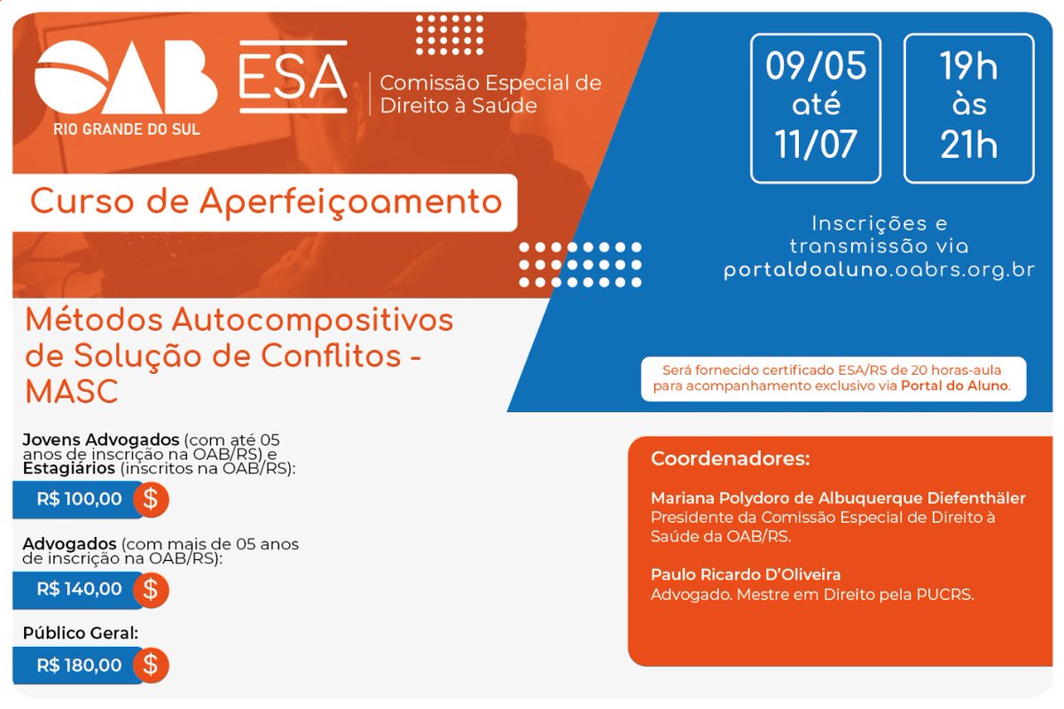 A ESA/RS, em parceria com a CEDS, irá promover o Curso de Aperfeiçoamento: Métodos Autocompositivos de Solução de Conflitos – MASC. A capacitação será no formato on-line, ao vivo. Saiba como se inscrever no link: bit.ly/3ksLKzo