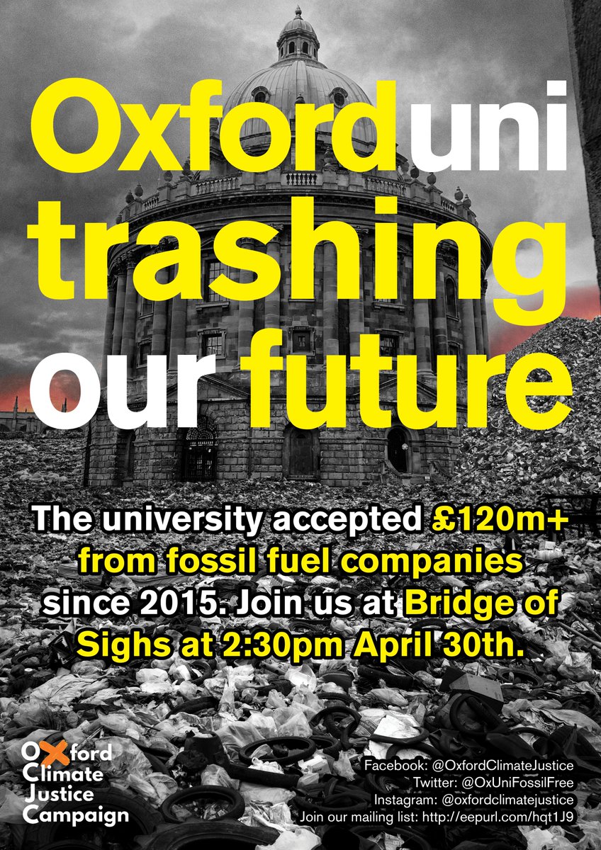 Happening tomorrow: we're protesting against Oxford University's continued ties with the fossil fuel industry. Bridge of Sighs at 2:30pm, see you there.