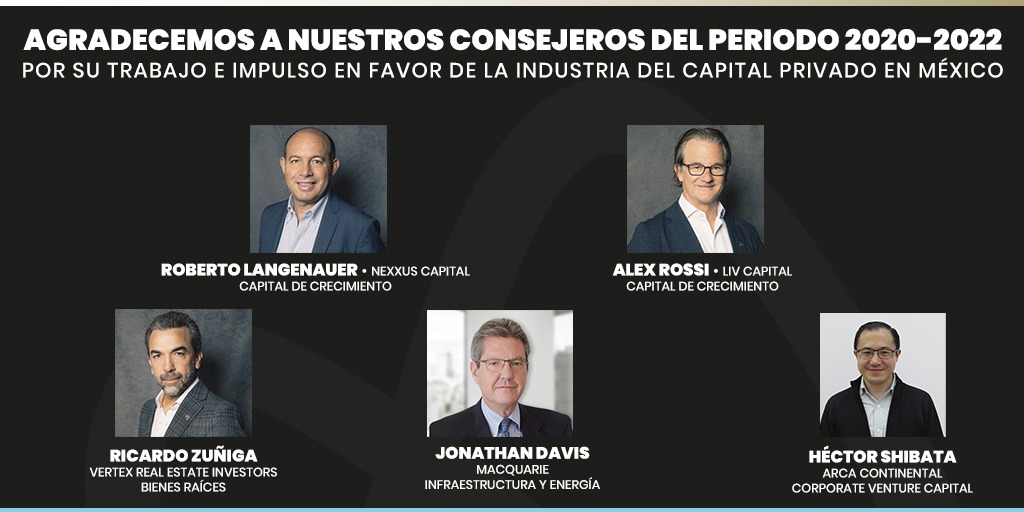 AMEXCAP's tweet photo. Les agradecemos profundamente a nuestros consejeros 2020-2022 por su trabajo e impulso a la industria de #CapitalPrivado en México @rlangenauer, Alex Rossi, Ricardo Zúñiga, Jonathan Davis, Héctor Shibata (@acv_vc) https://t.co/WnltPQUYMY