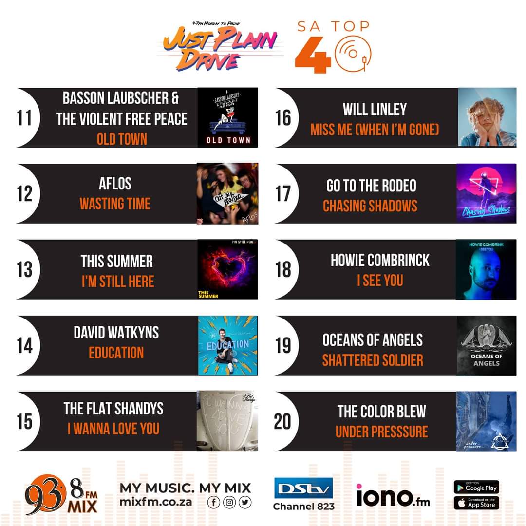TheColorBlew's tweet photo. Number 20 this week on the #satop40 ... beyond belief I am massively proud of #thecolorblew please request the single on @mix938fm and see if we can sprinkle our little tribute with more love ! #justplaindrive #davidbowie #satop40 #Queen #underpressure #tribute https://t.co/8eaNc9NDZK