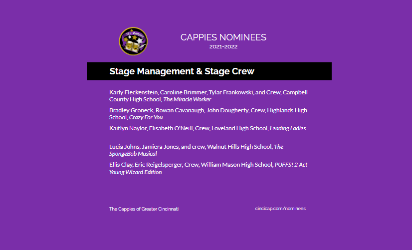 Contratulations to the nominees for Stage Management and Stage Crew!