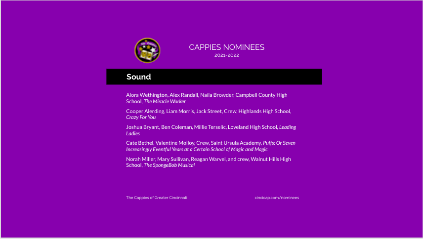 Congratulations to the nominees for Sound!