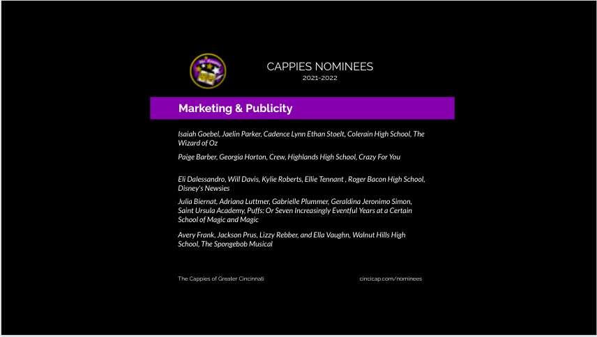 Our first category! Congrats to all the nominees for Marketing and Publicity!