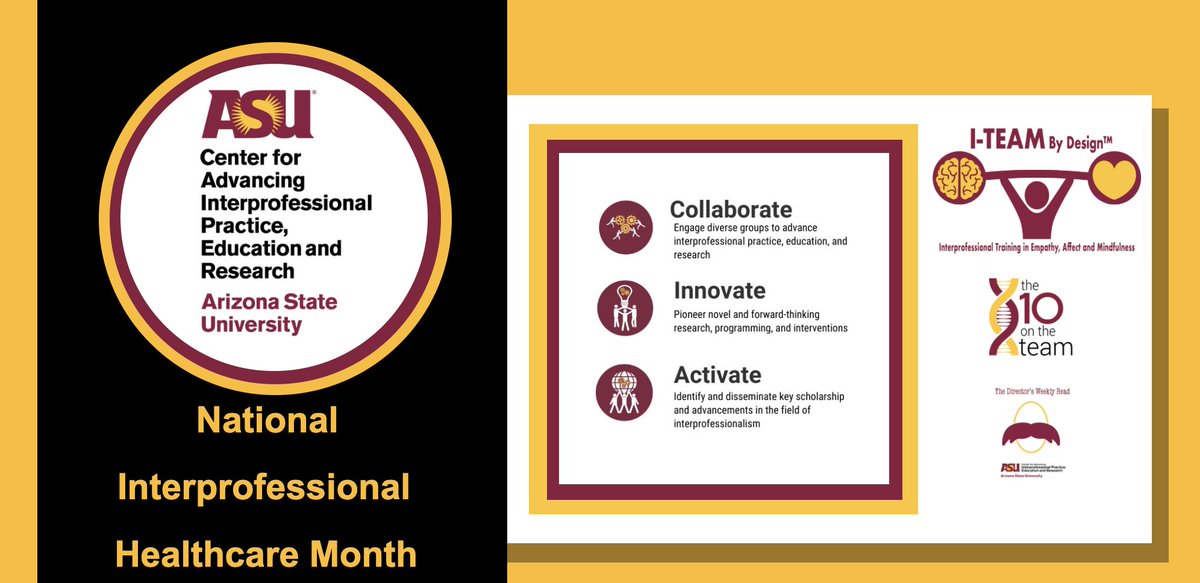 asucaiper's tweet image. As National #Interprofessional Healthcare Month comes to a close, we&apos;re just getting started with amazing trainings, resources and more! Check out the latest here:
 
ipe.asu.edu/training

#ITEAMByDesign #teambasedcare #HumilityParadigm  #the10onTheTeam #DirectorsWeeklyRead