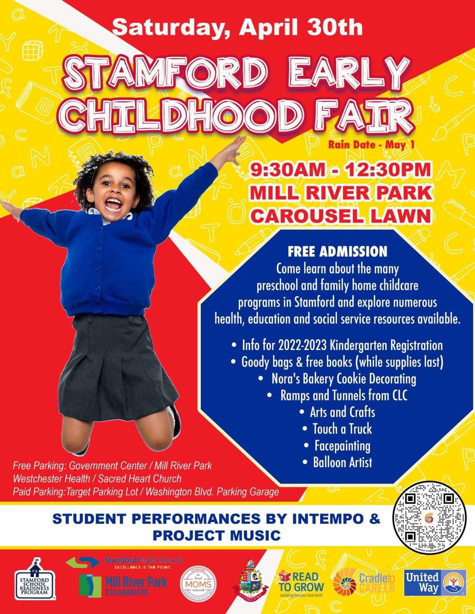 StamfordC2C's tweet image. Tomorrow at Mill River Park! ☀️There will be over 50 community partners in attendance, live music, food trucks, bookmobile, face painting, carousel rides🎠 as well as information about Early Childhood Programs &amp;amp; SPS Kindergarten Registration! See you there! #sc2c #stamford