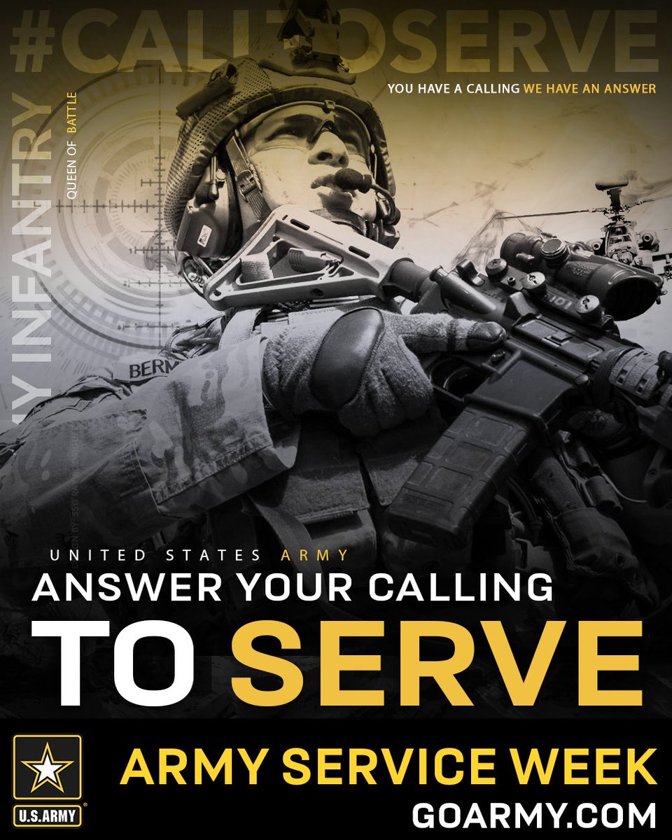 USArmy's tweet photo. Become one of the best!

The #Infantry is the primary land combat force and backbone of the Army. 

It’s also the starting point for advanced schools such as Special Forces, Airborne School, Ranger School, Sniper School, and Pathfinder School. 

#goarmy #ArmyServiceWeek https://t.co/NYmU9rtFSf