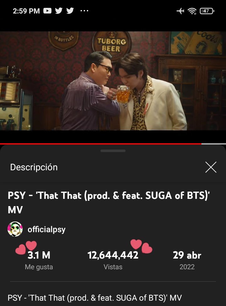 MeryKook_97's tweet photo. INFO📊
#ThatThat (prod. & feat. #SUGA of #BTS), superó los 13M de Views y 3M de likes en Youtube🥳🖤
LinkYoutube 📎 https://t.co/dfMxQI9Lma
#싸이슈가_댓댓_아이라익댓 #ThatThatProdSUGA #ThatThatFeatSUGA #PSYxSUGA #ThatThatOutNow #ThatThatGoals #슈가 @BTS_twt @psy_oppa https://t.co/qrrSHtR0yB