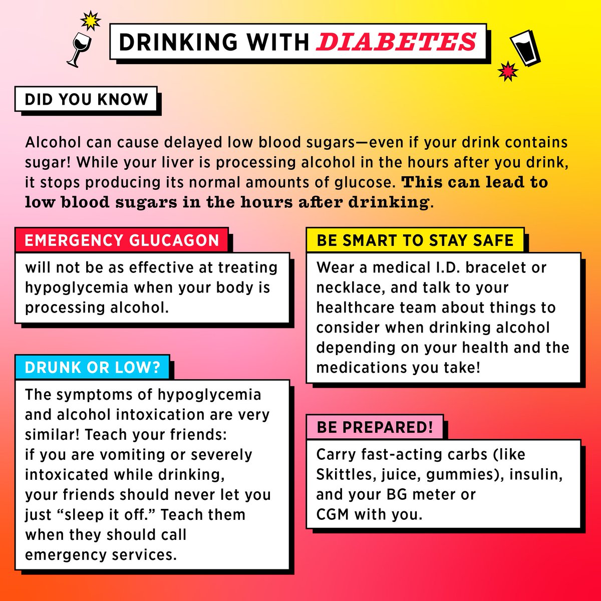 SMF_Uganda's tweet photo. DRINKING WITH DIABETES
Drinking can cause delayed low blood sugars, and  glucagon won't be as effective at treating hypoglycemia when your body is processing alcohol. https://t.co/qFqPyMXKCZ
