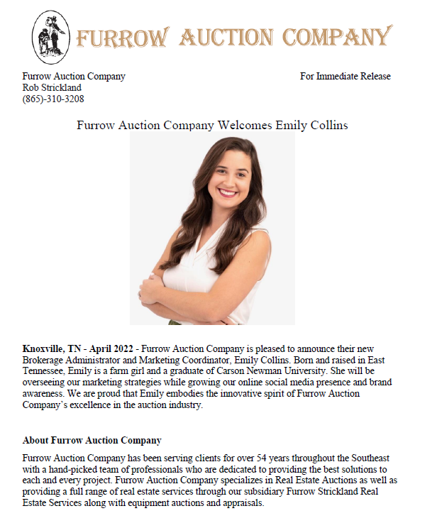 FurrowAuctionCo's tweet photo. Furrow Auction Company Welcomes Emily Collins!
#NewEmployee #newhire #furrowauctioncompany #emilycollins #furrowauction #knoxville #tennessee https://t.co/t6D7y1BrVd