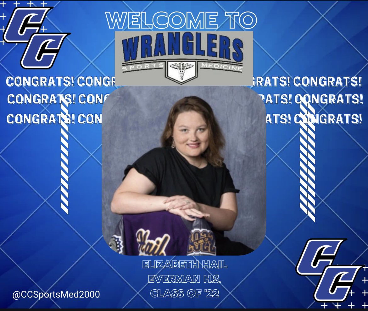CCSportsMed2000's tweet photo. An official welcome to Elizabeth Hail from Everman High School Class of ‘22.
Congratulations on your accomplishments and welcome to the Wranglers Sports Medicine Family!  #WranglerUp https://t.co/sN94dvAaDh