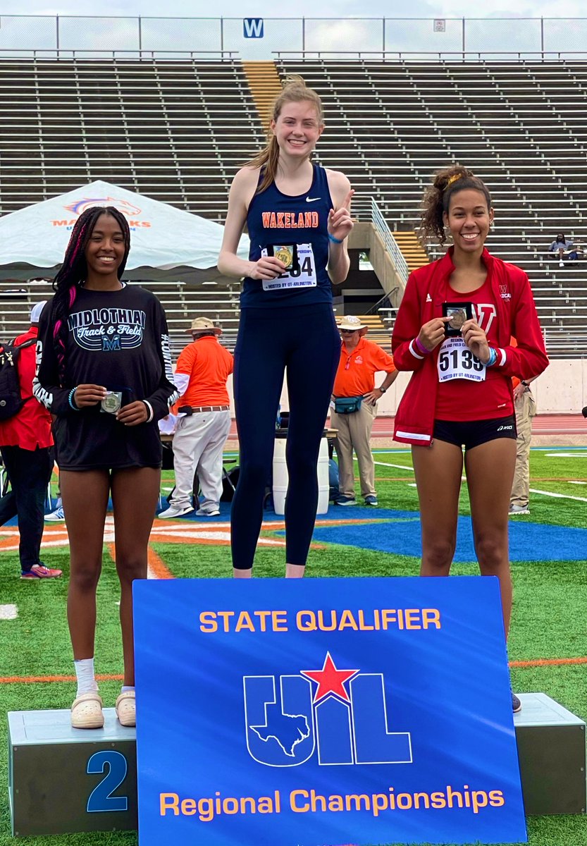 WHAT A MORNING! Fantastic performance from these three girls! <a href="/HannahPfiffner/">Hannah Pfiffner</a> still reigns supreme and clinches first place with a jump of 5,9!! Our girl is on to Austin for the state meet!! #queenhannie #wakelandwins 👑🎉🥇