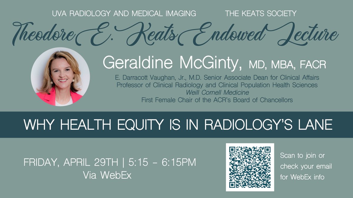 As part of our Keats Society Homecoming events, our Theodore E. Keats Endowed Lecturer, @DrGMcGinty, will be speaking this evening about radiology's role in health equity! If you're interested in joining us via WebEx, tune in at 5:15pm here: bit.ly/3kqQQwb