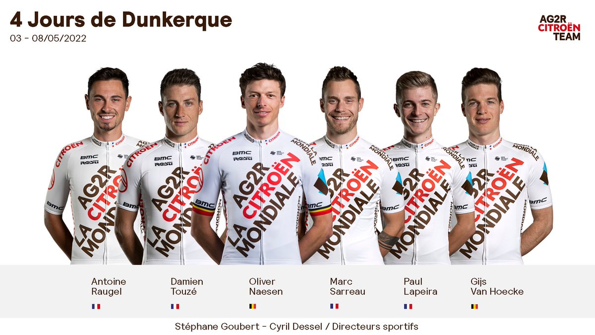 decathloncmacgm's tweet photo. 🇫🇷 @4JDDunkerque
📅 03-08/05
🇧🇪 @OliverNaesen
🇫🇷 @Sarreau
🇫🇷 @damientouze
🇫🇷 @PaulLapeira
🇫🇷 @antoinergl
🇧🇪 @gijsvanhoecke
#AG2RCITROËNTEAM #RoulonsAutrement #RideDifferently https://t.co/Lc5ibqPCvI