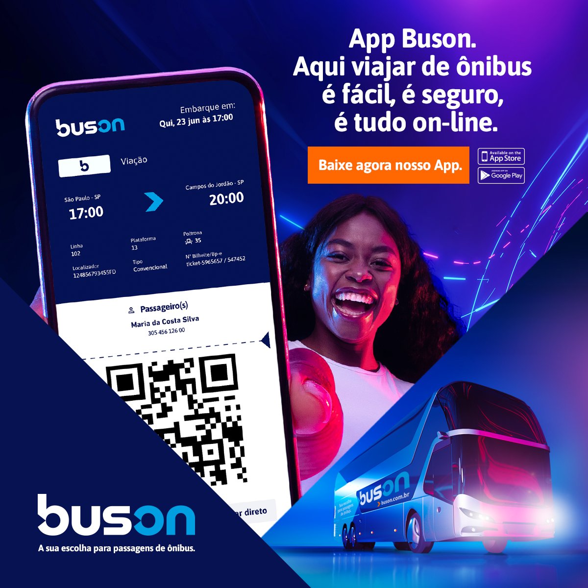 O app Buson tem tudo o que você precisa para viajar de um jeito moderno, prático e em poucos cliques:

• Rotas com descontos exclusivos
• Pague com Pix ou em até 12x no cartão
• Embarque Fácil usando o seu celular 

Baixe já: onelink.to/app_buson 

 Confira disponibilidade