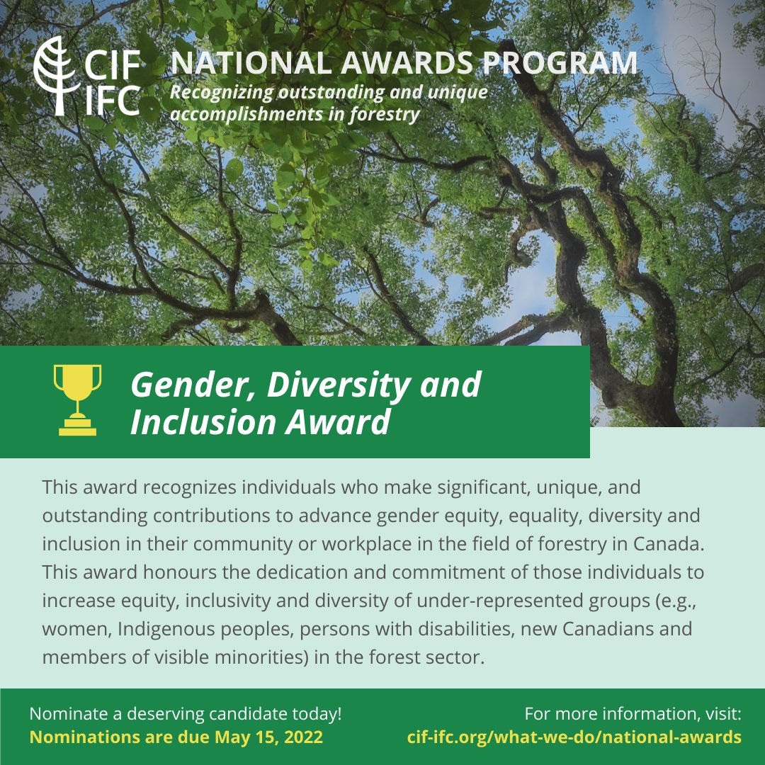 CIF_IFC's tweet photo. #CIFAwards Spotlight ๐ฆ Gender, Diversity & Inclusion Award ๐ณ๐ Recognizing individuals who make outstanding contributions to advance gender equity, equality, diversity & inclusion in their community or workplace in the field of forestry in Canada. #RootedInCIF #ForestryForward https://t.co/EiHdMYCtjt
