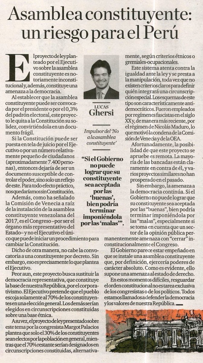 lucas_ghersi's tweet photo. Comparto artículo publicado hoy en El Comercio sobre los peligros de la Asamblea Constituyente. ¡Seguimos en la lucha por salvaguardar la democracia! https://t.co/fZwXXcBvLV