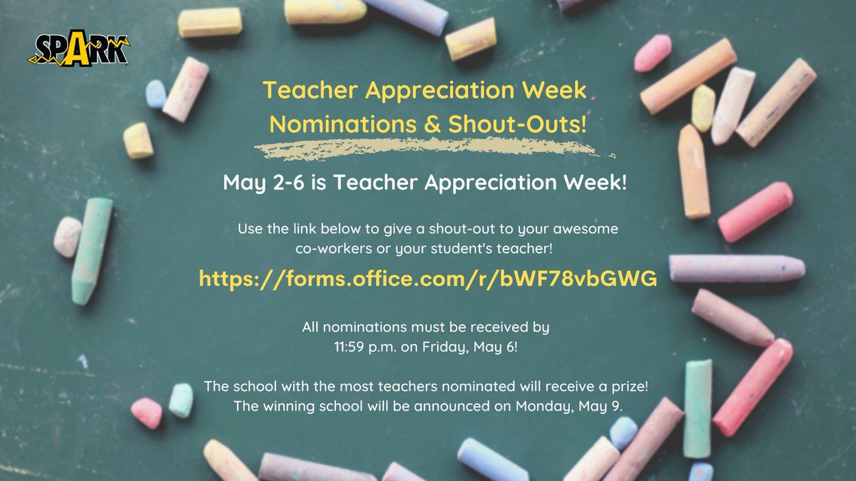 SPARKfoundation's tweet photo. SPARK is collecting shoultouts for teachers for #TeacherAppreciationWeek next week! Nominate a co-teacher, co-worker, or your student's teacher using this form: https://t.co/Fg954Eu3CZ https://t.co/jcTAd07jQc