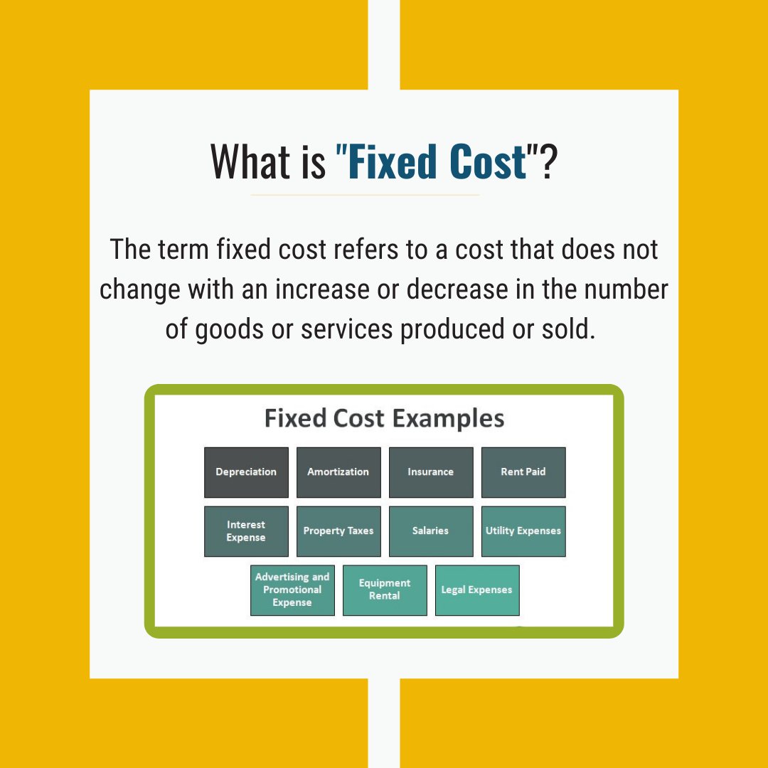 thinkaccompt's tweet photo. Fixed costs are those that don't change over the course of time. They are usually established by contract agreements or schedules. These are the base costs involved in operating a business comprehensively. Once established, FC do not change over the life of an agreement. https://t.co/QEGU71Yc5G
