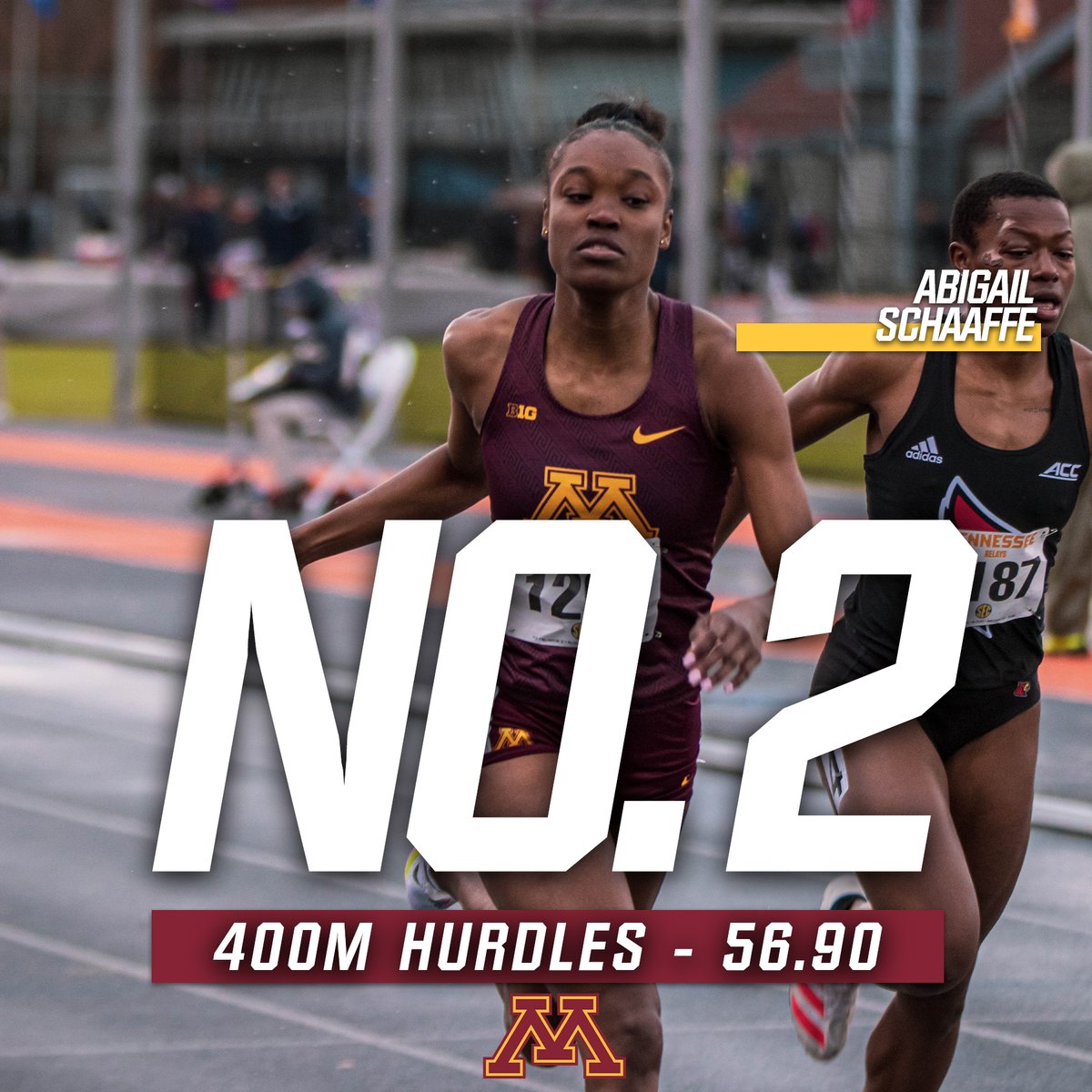 WHAT A PERFORMANCE! 

Abigail Schaaffe posts the 2nd-best time in school history to finish 2nd overall at the <a href="/DrakeRelays/">Drake Relays</a>! Her 56.90 is the 12th fastest time in the NATION this year and No. 1 in the <a href="/bigten/">Big Ten Conference</a>! #ncaaTF