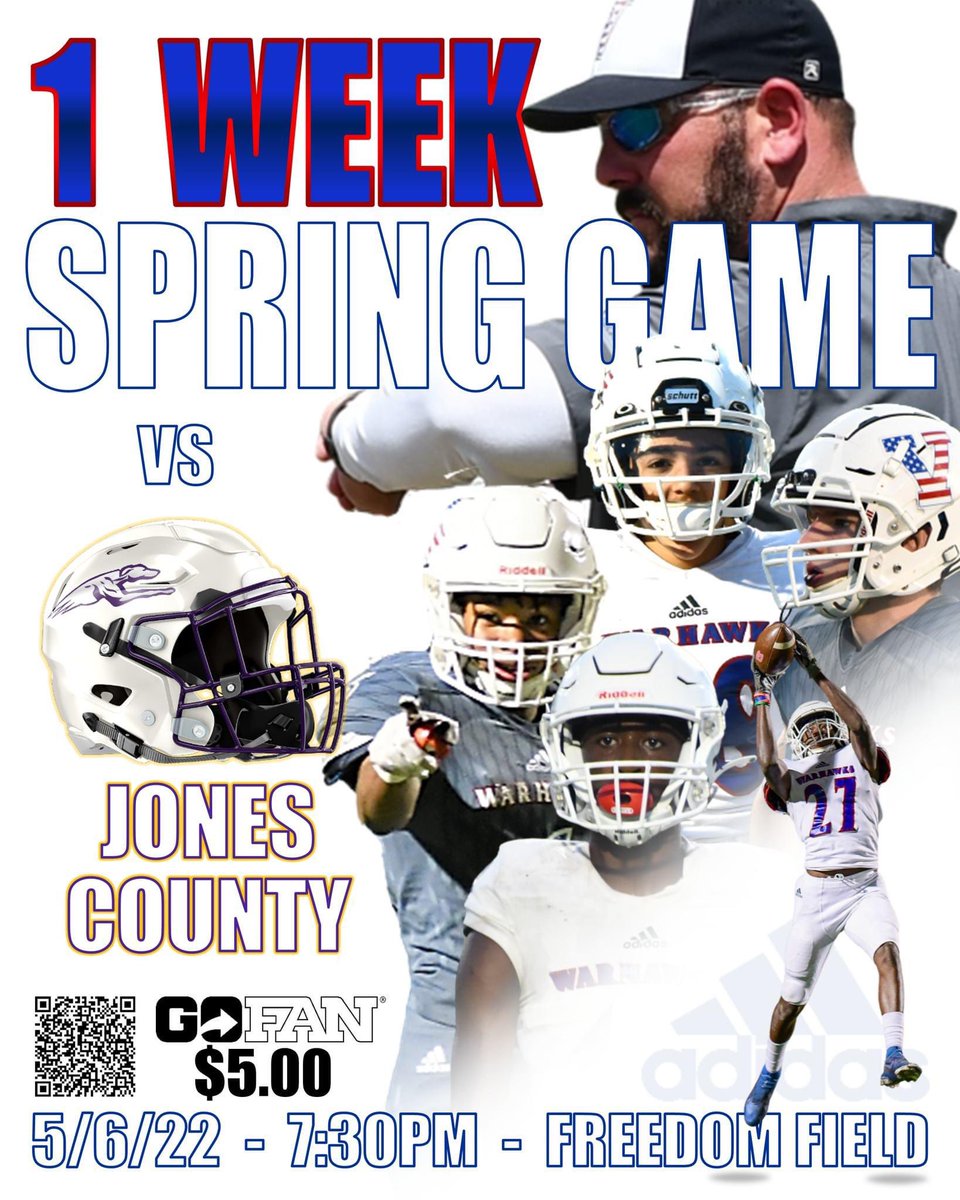 One week…Spring Game!  WARHAWKS vs GREYHOUNDS.  Tickets will go on sale on next Week, GoFan Only.  No Gate sales.  $5.00 Let’s fill the Stands!  <a href="/VeteransHS/">Veterans Football</a> <a href="/WarHawkRecruits/">WarHawk Recruits</a> <a href="/VHSDirtyBirds/">Dirty Birds</a> <a href="/Coach_Ingram/">Coach Josh Ingram</a> <a href="/GreyhoundFball/">Jones County Football</a> gofan.co/app/events/605…