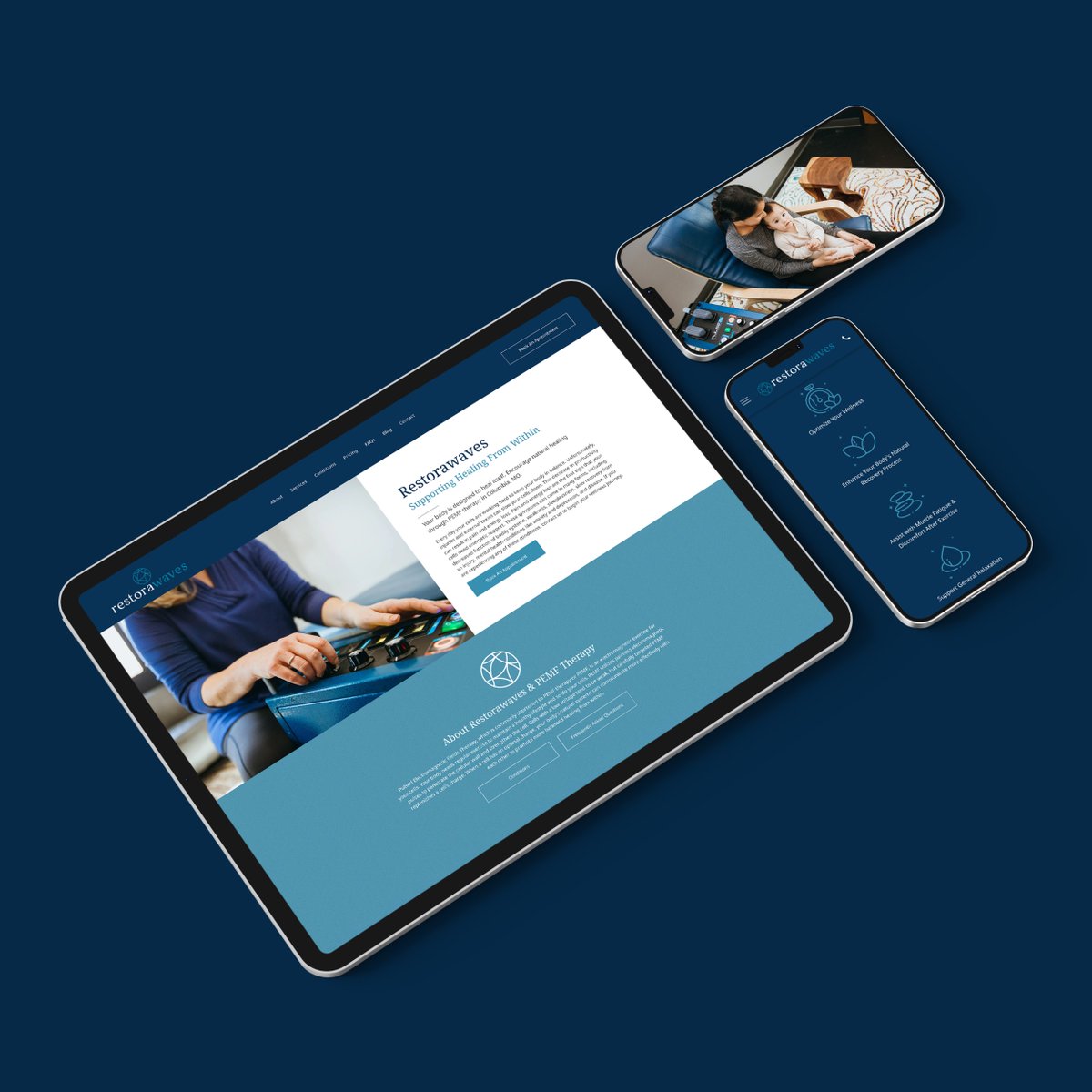 Lift_Division's tweet image. Today&apos;s #DevDrop features Restorawaves. We designed their branding and identity system, photographed their incredible technology, designed their website and more: restorawaves.com.