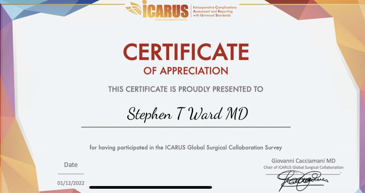 Steve Ward (@steveward01883) on Twitter photo Thrilled to contribute to <a href="/ICARUS_collab/">ICARUS Global Surgical Collaboration Project</a> for standardizing the assessment of #intraoperative adverse events to create a positive culture of reporting errors in #surgery & #anesthesiology
<a href="/Some4SurgeryIT1/">@Some4SurgeryITeam</a> <a href="/me4_so/">SoMe4Surgery</a> Thrilled to contribute to <a href="/ICARUS_collab/">ICARUS Global Surgical Collaboration Project</a> for standardizing the assessment of #intraoperative adverse events to create a positive culture of reporting errors in #surgery & #anesthesiology
<a href="/Some4SurgeryIT1/">@Some4SurgeryITeam</a> <a href="/me4_so/">SoMe4Surgery</a>