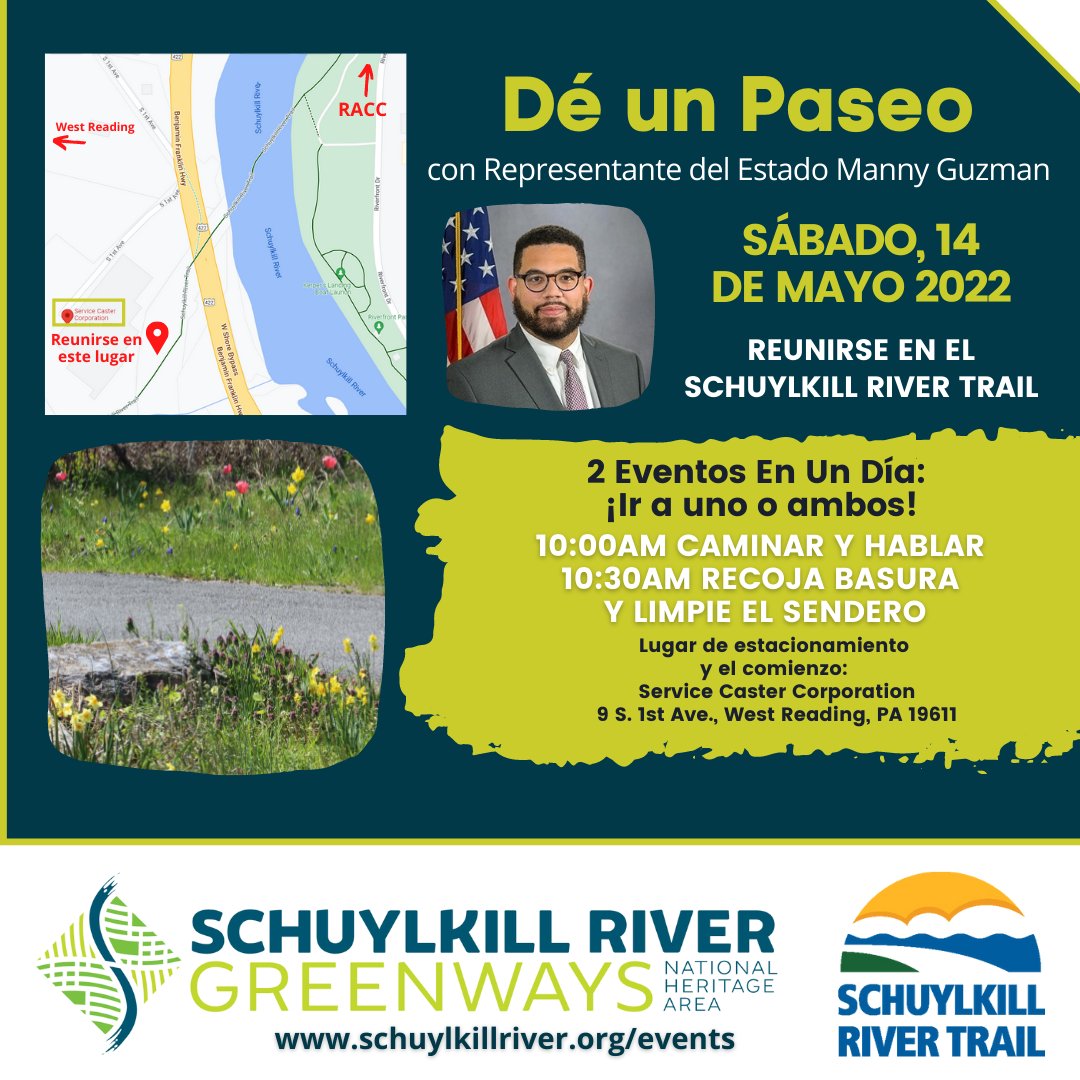 🏞 Walk the #SchuylkillRiverTrail with <a href="/RepMannyGuzman/">Rep. Manny Guzman</a> on May 14th! Following the walk there will be a trail cleanup along the Reading Gateway section.💚 Learn more at schuylkillriver.org/events/trail-t….