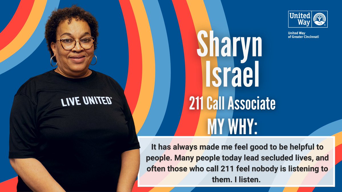 UnitedWayGC's tweet photo. Meet Sharyn Israel, a member of the UW 211 Helpline team that connects callers to vital community resources. On any given day, she may assist struggling single parents, residents who can’t pay their rent, & people who lack food. #CincyLivesUnited #211HelpLine https://t.co/TwxMCGxV7n