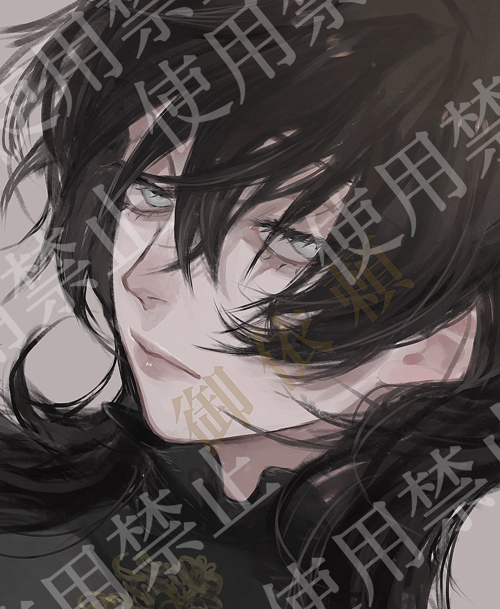 solo black hair long hair looking at viewer 1boy male focus closed mouth  illustration images