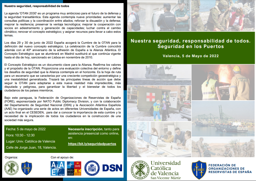 dsn's tweet photo. 📌05may2022 @UCV_svm 10:30-12:30 #Valencia
Jornada: «Nuestra #Seguridad, responsabilidad de todos. Seguridad en los puertos» Inscripción➡️ https://t.co/WzAZhomKAa #SeguridadNacionalSomosTodos🇪🇸 https://t.co/pNEpdsPOde