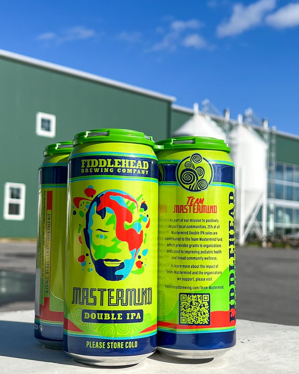 Same great beer, fresh new design and now in 16oz cans! 25% of Mastermind sales are contributed to theTeam Mastermind Fund, which provides charitable grants to organizations that support pediatric health and broad community wellness. More info: fiddleheadbrewing.com/team-mastermin…
