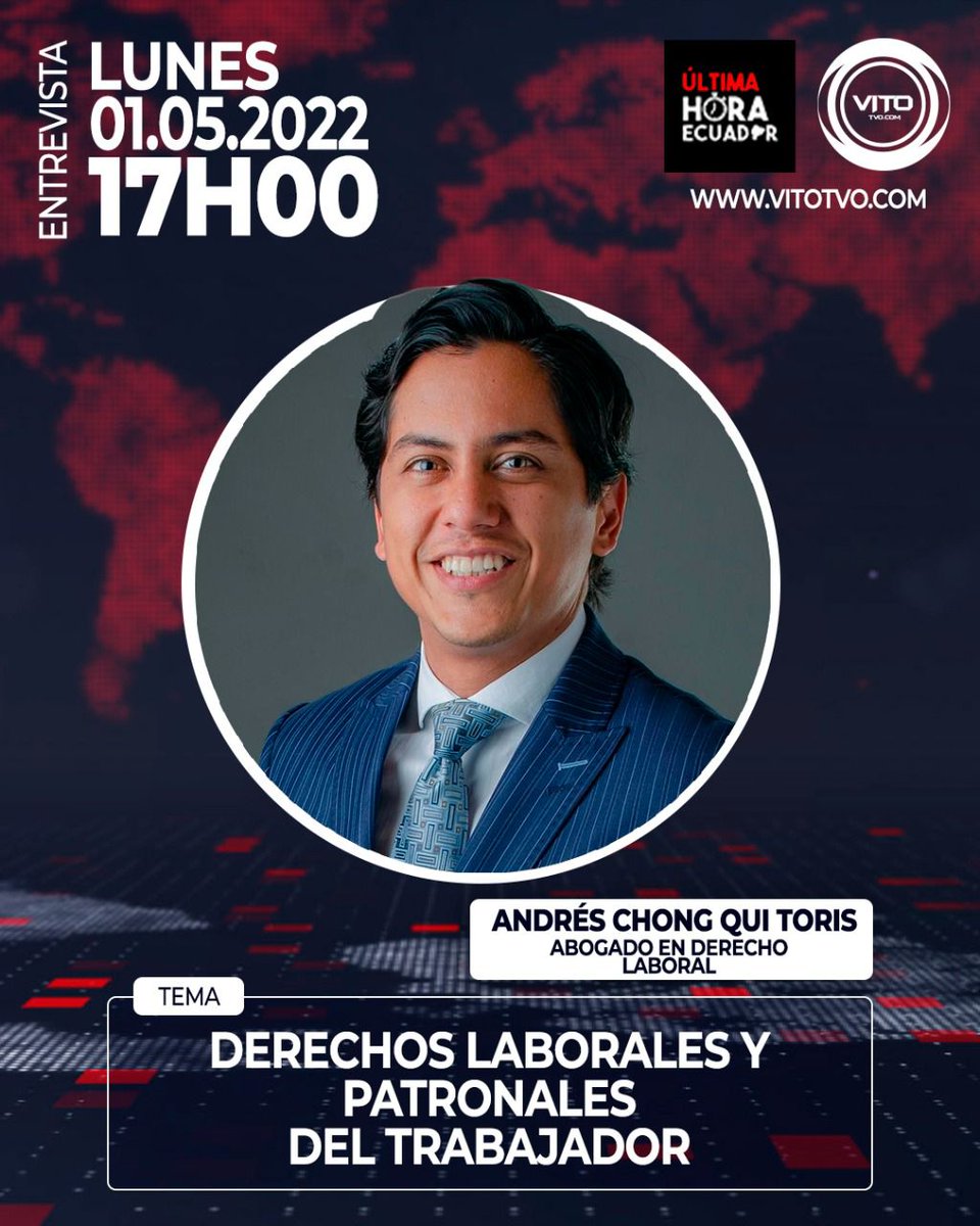 Les invitamos a ver la entrevista que realizarán nuestro Socio <a href="/dtrabajo_ec/">Andrés Chong Qui Toris</a> HOY a las 17h00 en vitotvo.com en donde hablará sobre los derechos laborales y patronales del trabajador en honor al Día Internacional del Trabajador.

#laboral #lawyers #derecho