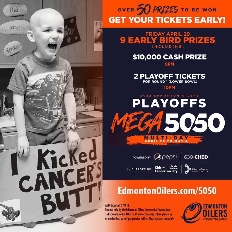 Mega-Multi Day 50/50 Alert!! Thank you @EdmontonOilers @oil_foundation for supporting the Kids with Cancer Society! To purchase your tickets head to: nhl.com/oilers/communi…