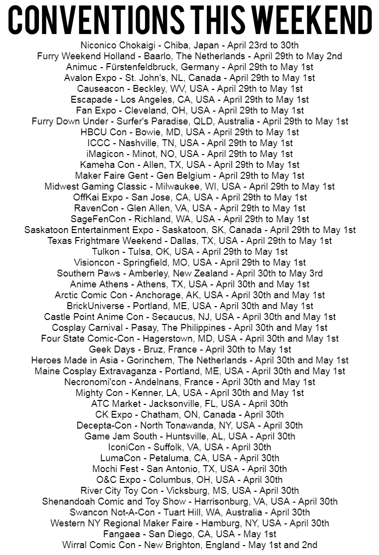 GlobalFanCons's tweet photo. 47 Conventions this weekend (47 Physical) 🇯🇵🇳🇱🇩🇪🇨🇦🇺🇸🇦🇺🇧🇪🇳🇿🇵🇭🇫🇷🏴󠁧󠁢󠁥󠁮󠁧󠁿

What will you be attending? #FWH #FANEXPOCleveland #FurDu22 #HBCU #ICCCon #makerfairegent #OffKaiDebut #ravencon #SaskExpo #Visioncon #ACCA2022 #CosplayCarnival2022 #Necro4 #mochifest (1/4) https://t.co/rvak7qGC7f