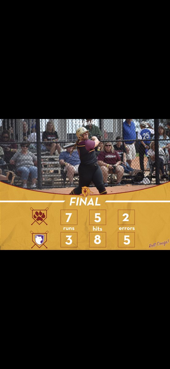 UMMCougarSB's tweet photo. The win that put us back in the tournament! Currently in a weather delay for game two. https://t.co/gLvEHgZwWS