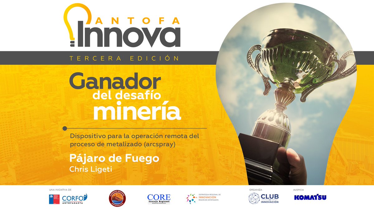 clubdinnovacion's tweet photo. #AntofaInnova Felicidades a Chris Ligeti de Tecnologías Cobra. 
Mediante su proyecto Pájaro de Fuego trabajará en el desafío planteado por Komatsu para la operación remota del proceso de metalizado.
https://t.co/jnmRAZkgxh https://t.co/xeraXFOQU1