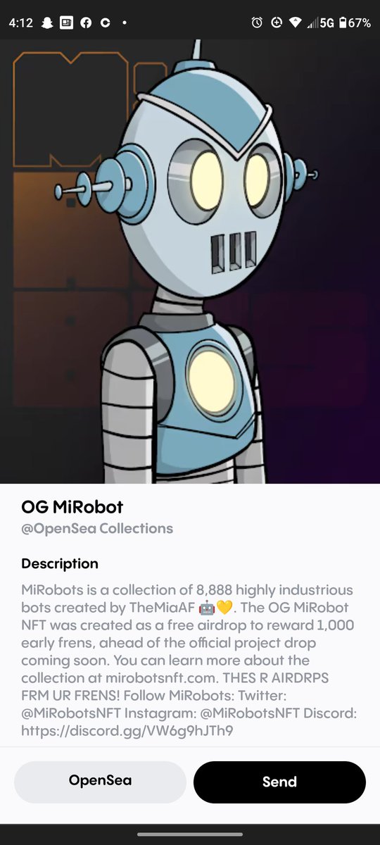 Finally seeing my <a href="/MiRobots_NFT/">MiRobotsNFT</a> for the first time in my <a href="/bitski/">Bitski</a> wallet. Thanks for the free NFT!