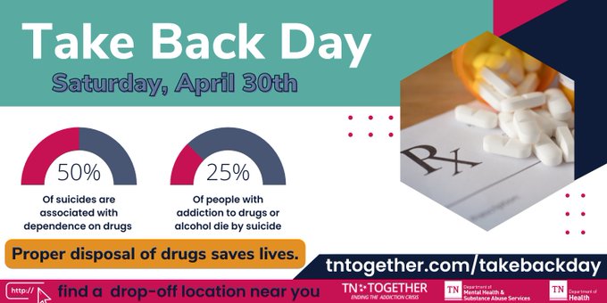 REMINDER: Tomorrow, Saturday, April 30 is National Prescription Drug Take Back Day.  You can dispose of unused prescription drugs at locations all across Tennessee.  Find out more info here: tntogether.com/takebackday