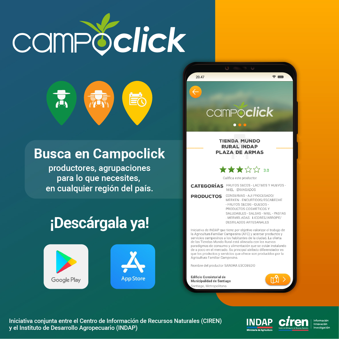 CIREN_CHILE's tweet photo. Viaja por Chile con nuestra aplicación #CampoClick. Con ella podrás contactar a más de 5000 productores de distintos rubros incluido turismo. No esperes más y descárgala en tu celular.✔ https://t.co/GYdxvVjs7J