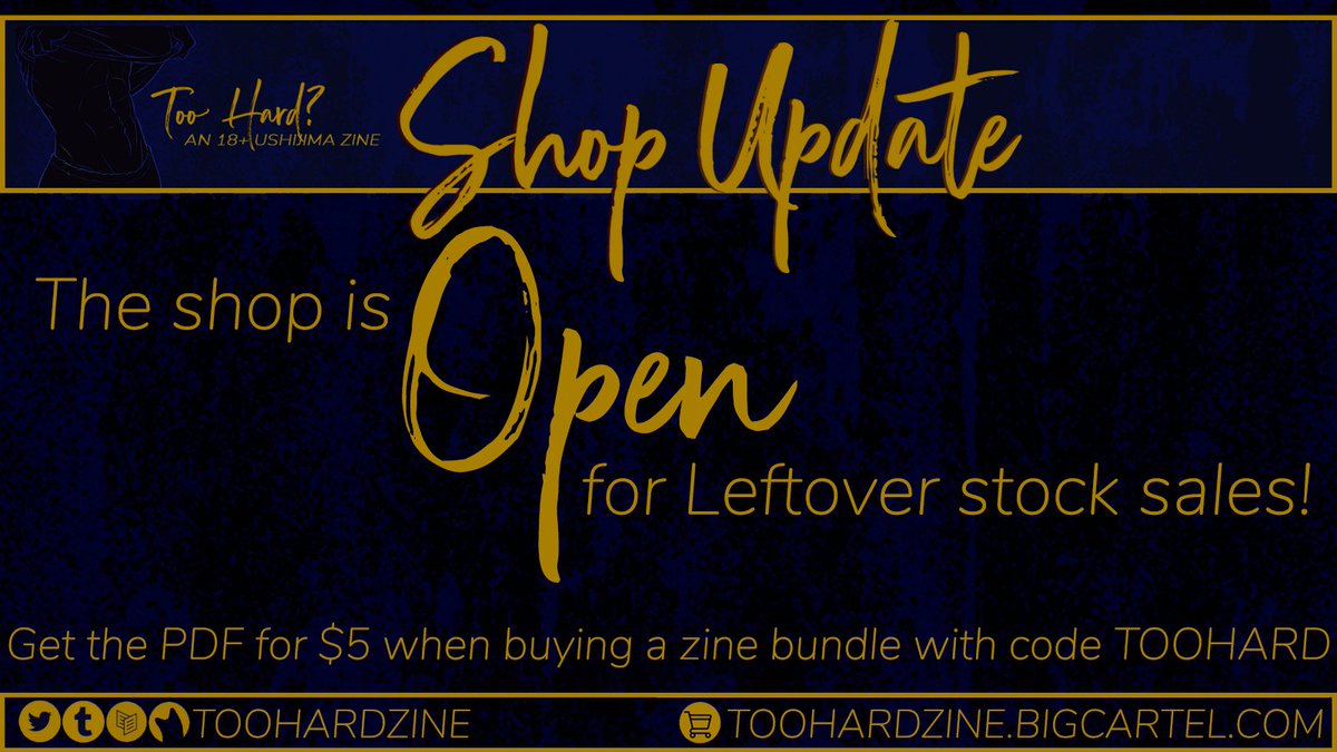 💦AFTERSALES CLOSING!💦

NSFW / 18+ ONLY!

Last chance on Too Hard: An 18+ Ushijima Zine goods! Our store will be closing Sunday, June 26 at 10pm PST. Thank you for all of your support!

🛒STORE LINK🛒
toohardzine.bigcartel.com