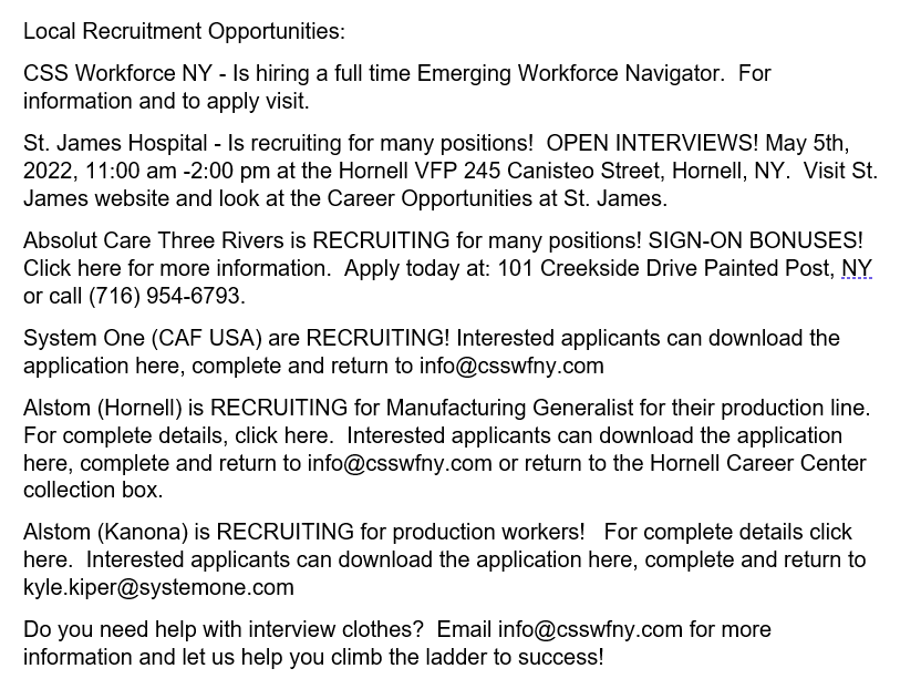 CSSWorkforceNY's tweet image. Here is a look at a few employment opportunities this week! Check us out on Facebook for more fantastic employment opportunities in Chemung, Schuyler and Steuben Counties at: facebook.com/CSSWFNY