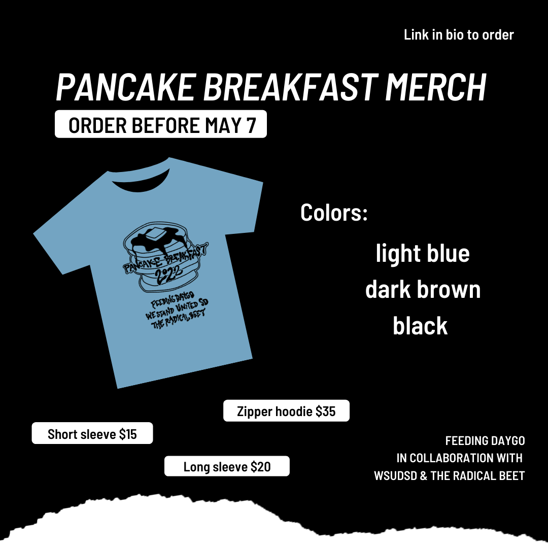 feedingdaygo's tweet photo. Hello everyone! If you’re planning to volunteer at our pancake breakfast event or would like to contribute somehow, we ask that you please consider buying either a t-shirt, long sleeve, or zipper hoodie.

 ✨The pancake design was created by local artist Elsa Bloom, and it wil https://t.co/Qyv8ULr1dD