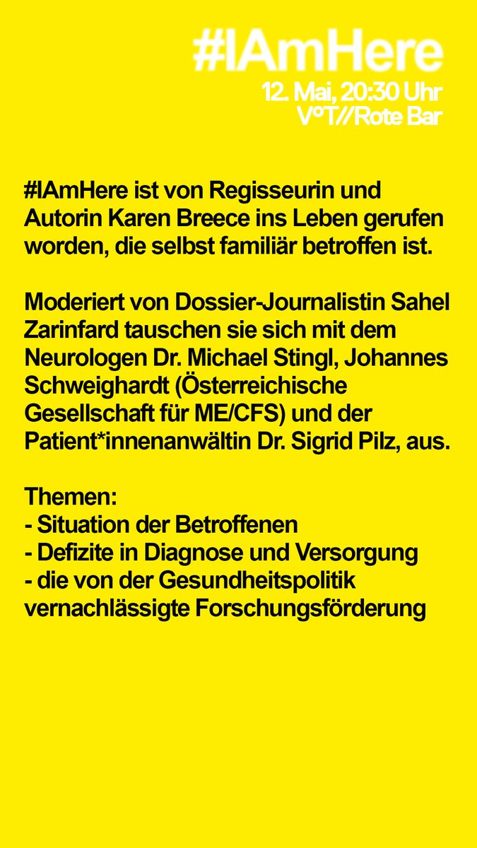 Volkstheater_W's tweet photo. #IAmHere #mecfs #rotebar
Im Zuge des Gesprächsabends am 12.05., 20:30 Uhr, gibt es vom 11. - 19. Mai im Weißen Salon eine Projektion aus Portraits, Videos und Statements von ME/CFS- Betroffenen:
https://t.co/MSl4NRM9KQ https://t.co/ociBhRvXM2