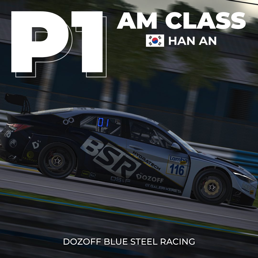 🏆Am Class 🏆

Our newest recruit, Han An, takes the win at Sebring to wrap up the season. He has had a great year and narrowly missed out on the title, but we're sure he will bounce back soon enough and claim a title of his own. 

#simracing #esports #iracing #elantra #sebring