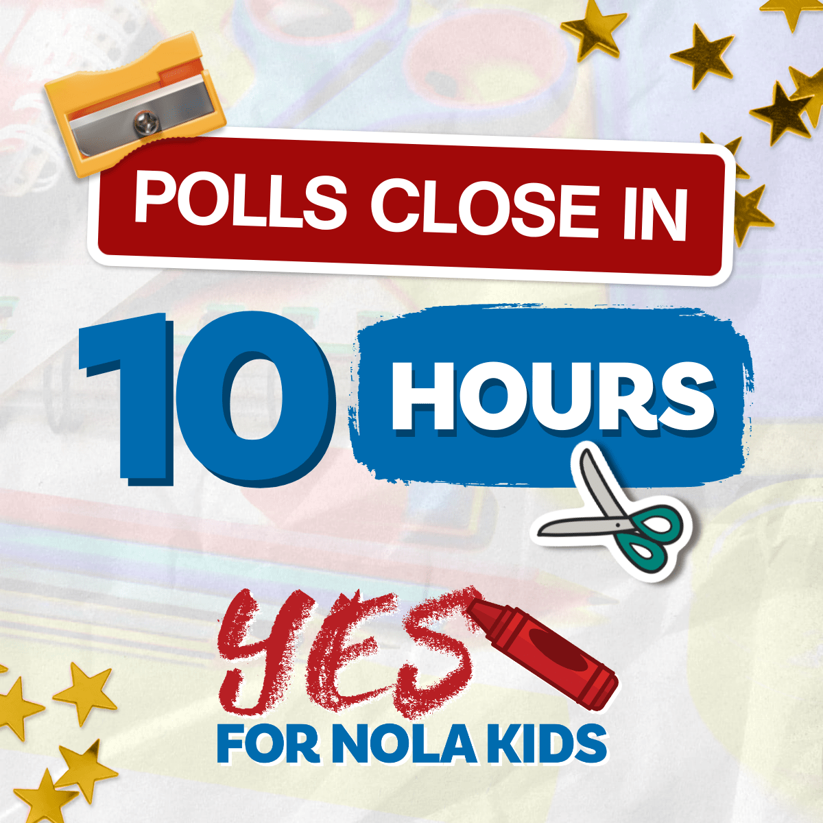 Ten hours left to vote YES to expand access to quality, affordable early childhood education and care in New Orleans. 

Polls are open until 8:00 p.m. 

Find your polling location at geauxvote.com. #nola