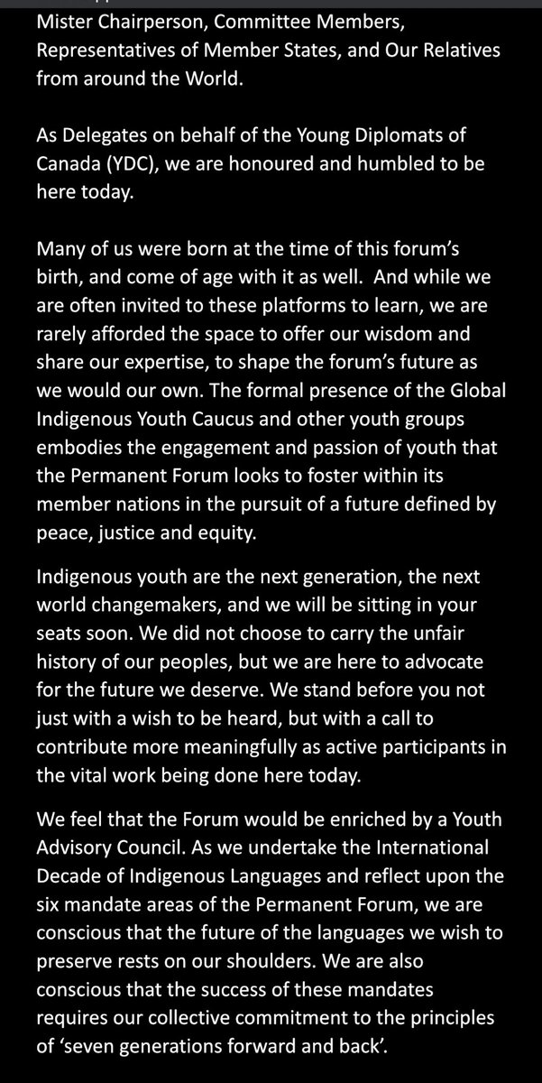 YDCanada's tweet photo. Today we spoke at in front of member nations and Indigenous nations from around the word on behalf of Indigenous youth voices. #WeAreIndigenous #UNPFII #Indigenous #youth @UN4Indigenous  We we’re honoured by the voices who called out in support and those who stood with us! https://t.co/5iEtCHFVGJ