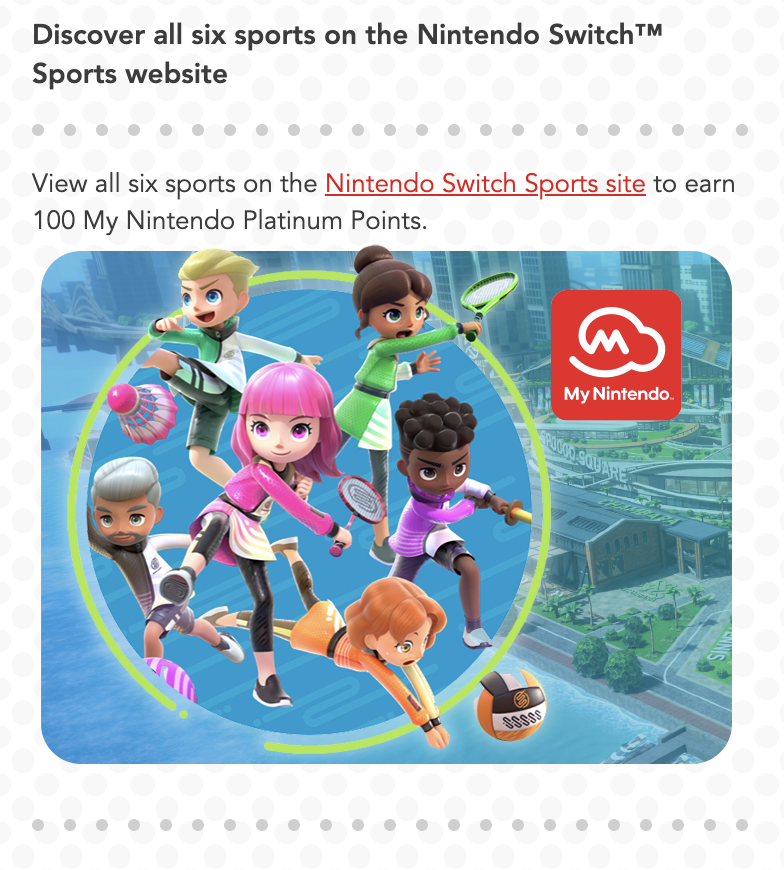 Nintendeal's tweet image. Get 100 My Nintendo Platinum points when you click these links bit.ly/3vLPdOU

nintendoswitchsports.nintendo.com/en/#/soccer
nintendoswitchsports.nintendo.com/en/#/volleyball
nintendoswitchsports.nintendo.com/en/#/bowling
nintendoswitchsports.nintendo.com/en/#/tennis
nintendoswitchsports.nintendo.com/en/#/badminton
nintendoswitchsports.nintendo.com/en/#/chambara